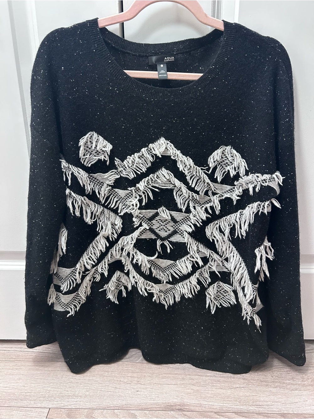 Aqua Black Crewneck Cashmere Sweater Speckle Fringe Geometric Aztec Western Lar